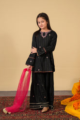 Black Embroidered Cotton Suit with Gharara for Girls | Festive 3-Piece Eastern Wear
